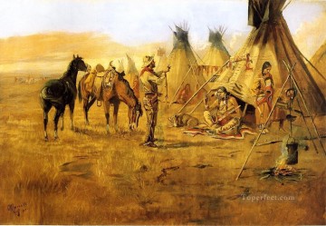  occidental Pintura - Negociación de vaqueros para una niña india indios vaqueros americanos occidentales Charles Marion Russell